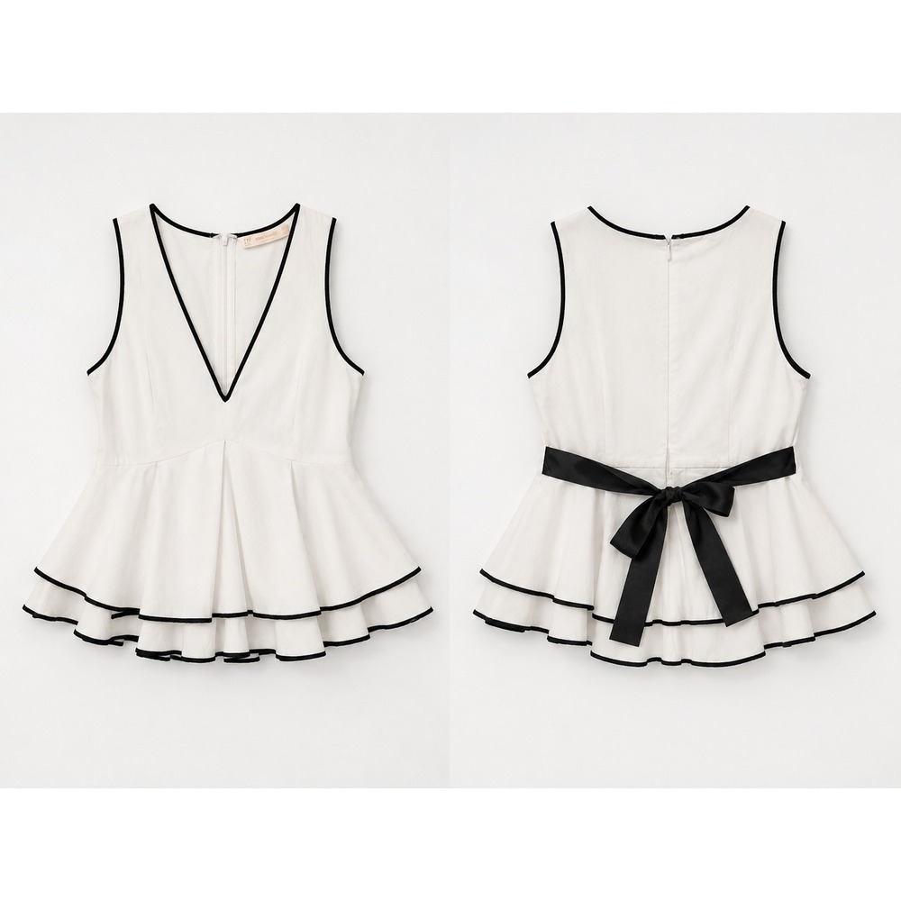 Zara Peplum Top Women XS White‎ Black Tiered Ruffle Back Bow Tie Retro Chic Mod